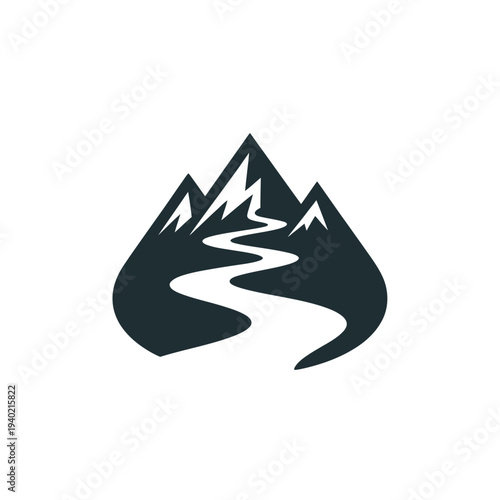 Minimalist mountain landscape with a winding path in black and white