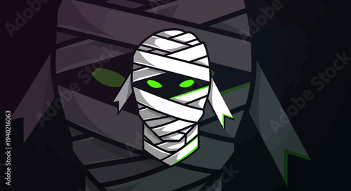 Halloween Mummy Character Icon with Glowing Green Eyes, Perfect for Spooky Themed Designs and Gaming Avatars