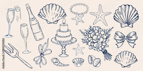 Sketch of celebratory objects including champagne shells and floral arrangements