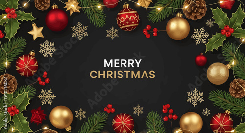 Festive Christmas frame with baubles, holly, pinecones, and fairy lights on a dark background, celebrating the holiday season