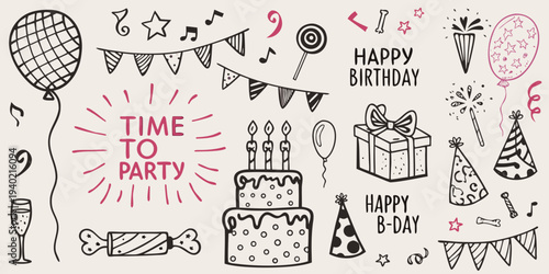 Hand drawn birthday doodles including balloons cake and party decorations