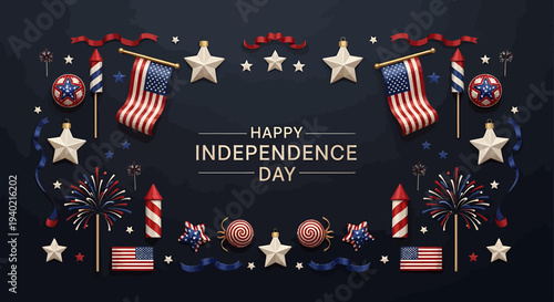 Happy Independence Day Celebration with American Flags, Fireworks, and Stars, Festive Background