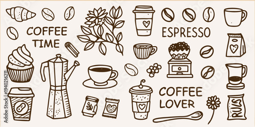 A collection of hand drawn coffee espresso and pastry illustrations
