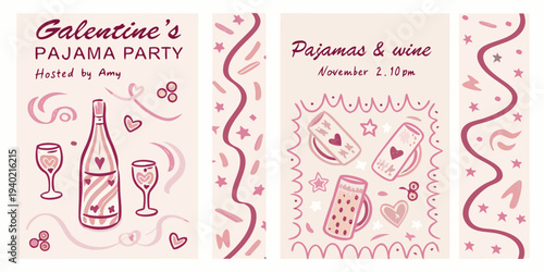 Galentine s pajama party invitation with wine and dessert illustrations