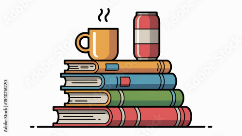 Stack of colorful books with steaming coffee cup and soda can on top symbolizing study and relaxation