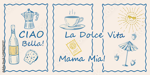 Italian themed illustrations with coffee sun and summer elements