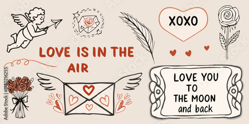 Valentine s day doodles featuring cupid hearts and romantic phrases