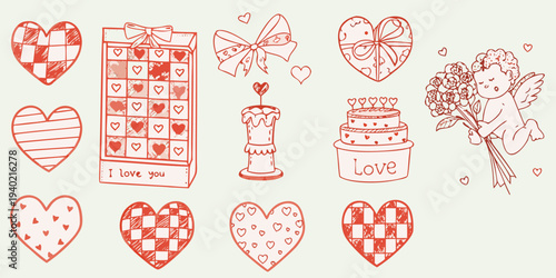 A collection of hand drawn valentine s day themed illustrations in red