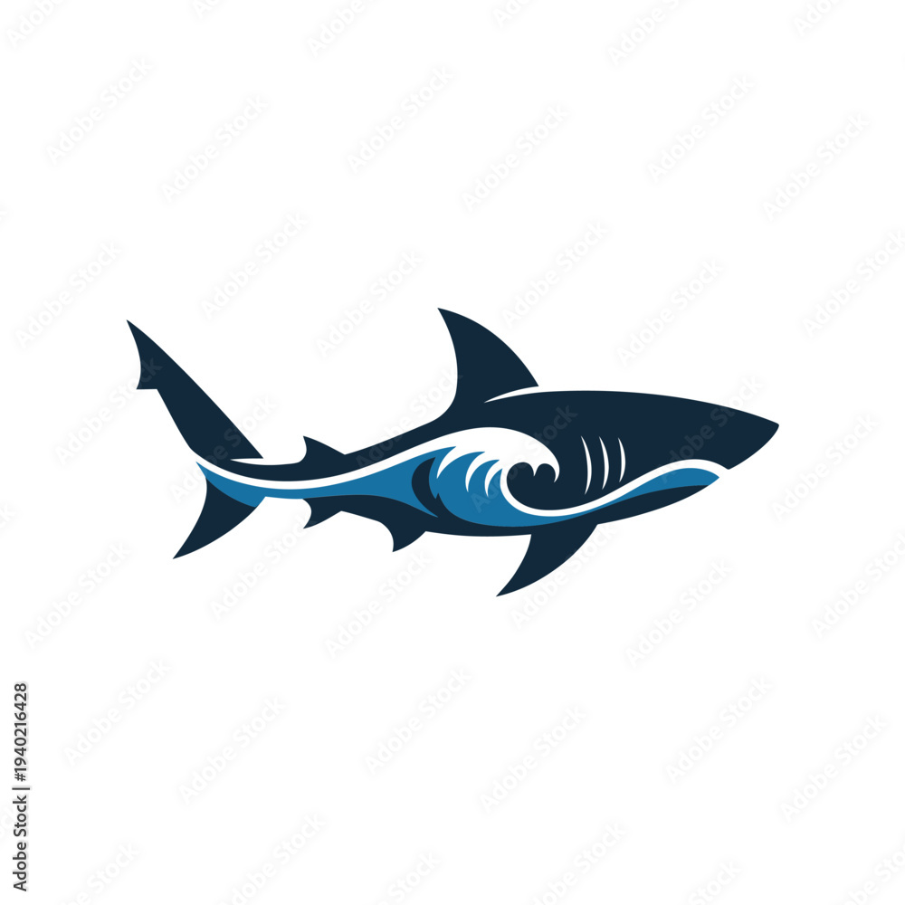 Obraz premium Stylized blue and white shark illustration with wave details on a white background