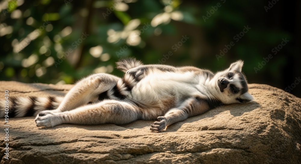 Fototapeta premium Relaxing lazy lemur lying on a rock in natural outdoor habitat