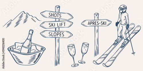 Sketch of a skier with signs for slopes ski lift and apr s ski
