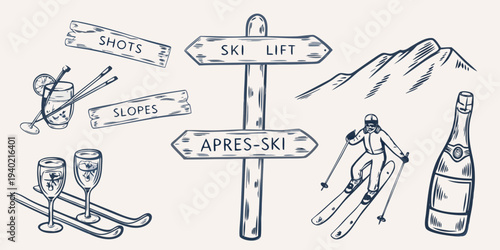 Winter sports and apr s ski themed sketch with signage and beverages