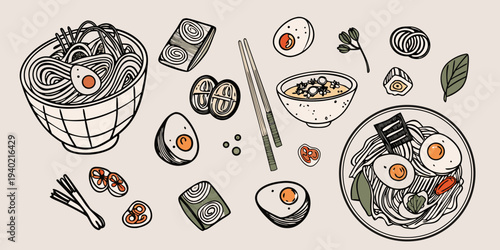 Stylized illustration of ramen eggs and other japanese food elements