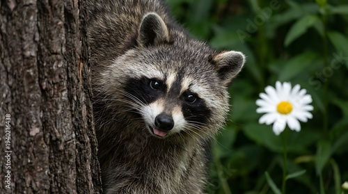 Curious raccoon peeking from behind a rough tree trunk next to a white daisy flower