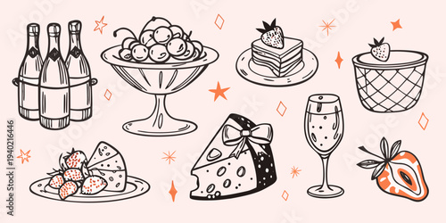 A charming hand drawn illustration of desserts champagne and celebratory treats
