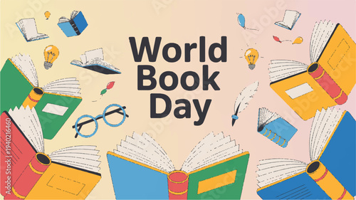 Colorful illustration of open books and stationery surrounding world book day text on soft gradient background