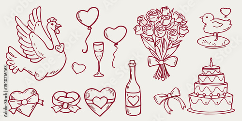 A whimsical sketch featuring romantic symbols like flowers hearts and celebratory items