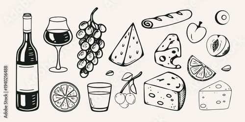 Hand drawn illustration of wine cheese fruits and citrus slices