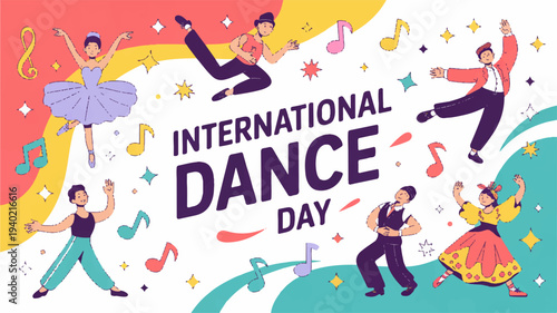 Vibrant international dance day illustration with dancers and music notes in various dynamic poses
