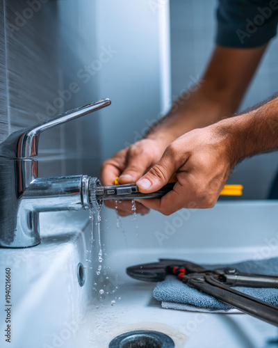 Person Repairing Bathroom Sink Faucet with Wrench and Tools under Cabinet Lighting