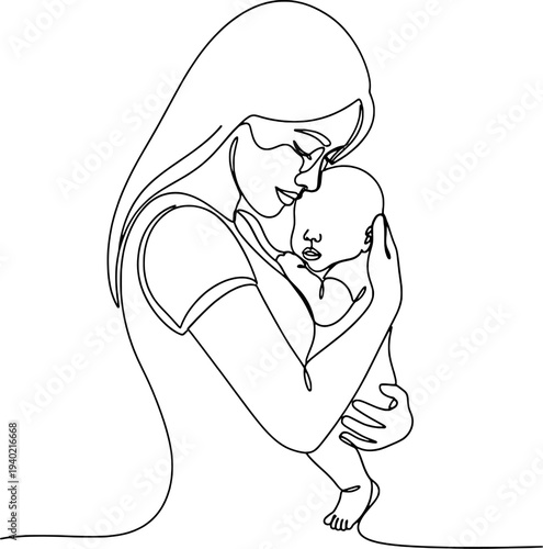 Elegant single line art of motherhood, modern nursery decor illustration.