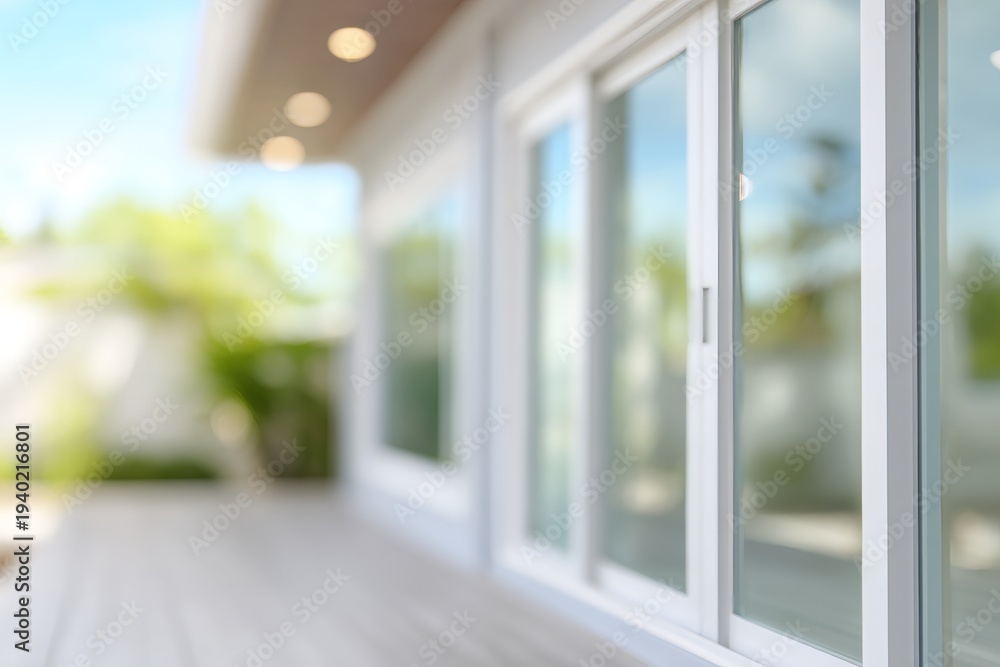 Fototapeta premium Modern home exterior with a white sliding glass door and deck. New residential property background for real estate and home improvement concepts
