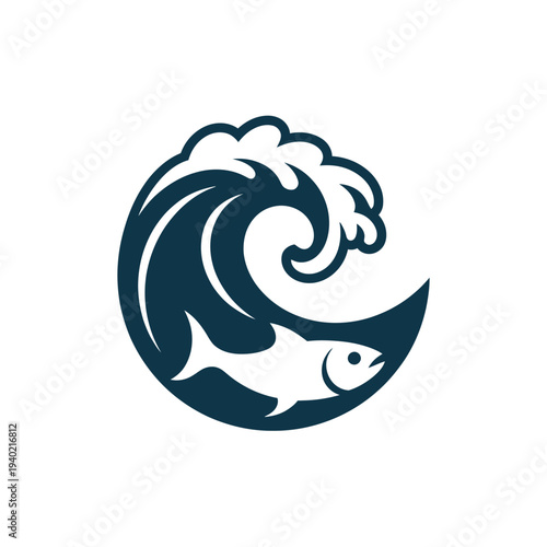 Stylized wave and fish logo design in a circular shape