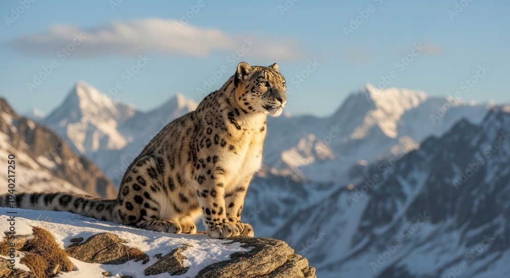 Fototapeta premium Majestic Snow Leopard Resting on Rocky Cliff with Mountain Range Background