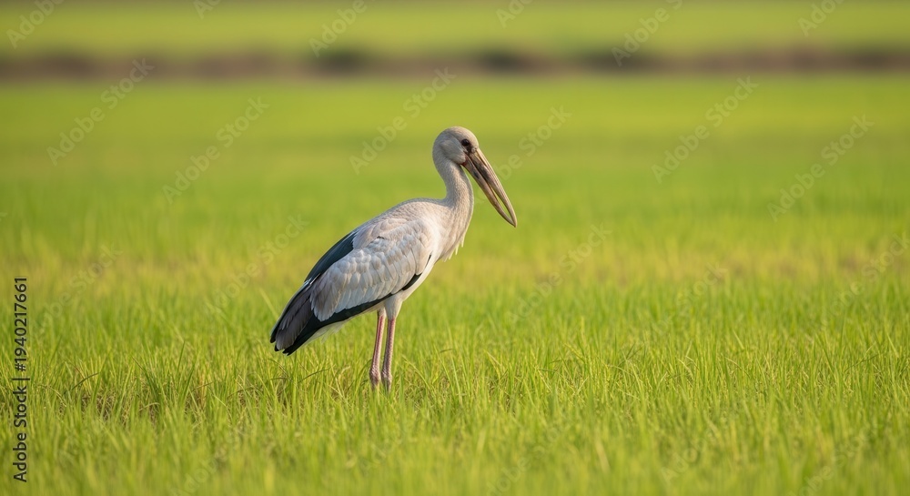 Fototapeta premium Serene Landscape with Wild Bird Standing on Vibrant Green Grass in Nature Scene