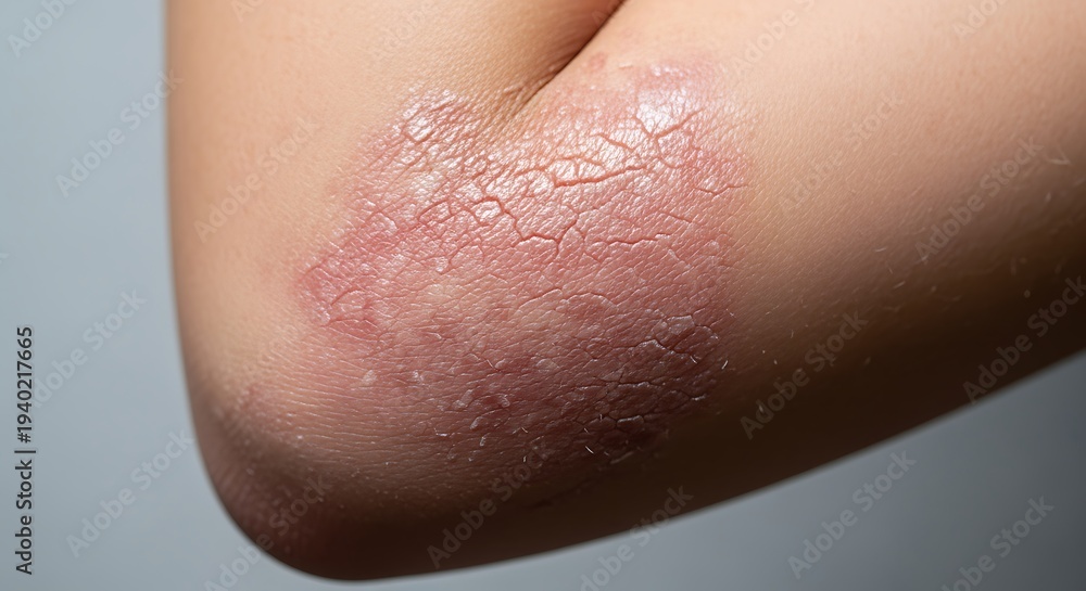Fototapeta premium Close up of dry, cracked skin on elbow, skin condition, eczema, psoriasis, dry skin