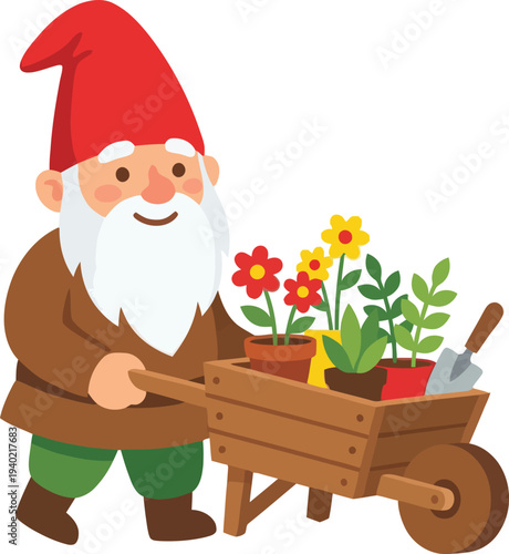 Garden Gnome with Wheelbarrow Vector Illustration | Whimsical Folklore Character with Garden Tools