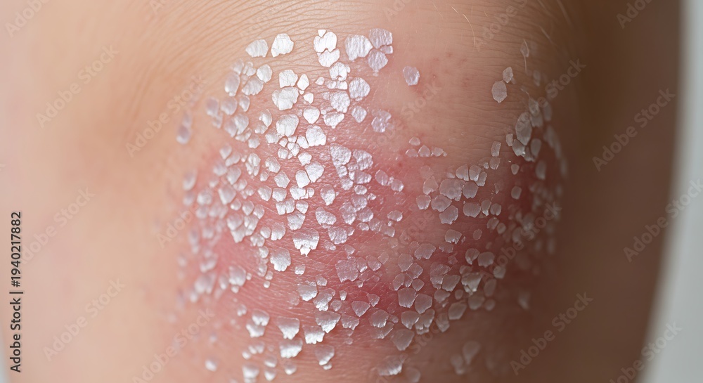 Fototapeta premium Close up of dry skin with white flakes on elbow, dry skin condition, skin health issue, eczema, psoriasis