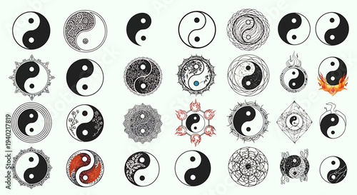 Diverse collection of Yin Yang symbols in various artistic styles and patterns