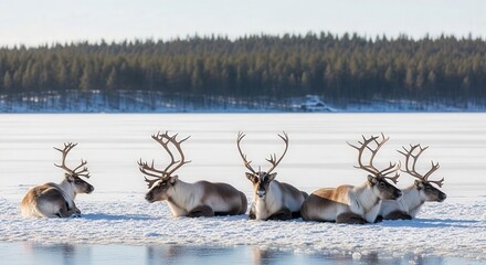 Majestic reindeer crossing snowy winter landscape with forest backdrop