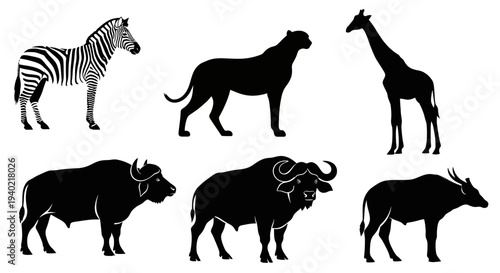 African Safari Animal Silhouettes Vector Set - Zebra, Giraffe, Panther, Buffalo, Antelope