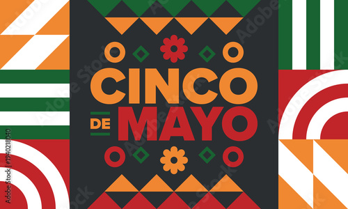 Cinco de Mayo in Mexico. Traditional mexican fiesta in May. National happy holiday with carnival, festival and parade. Latin american and spanish pattern. Illustration with sombrero. Vector poster