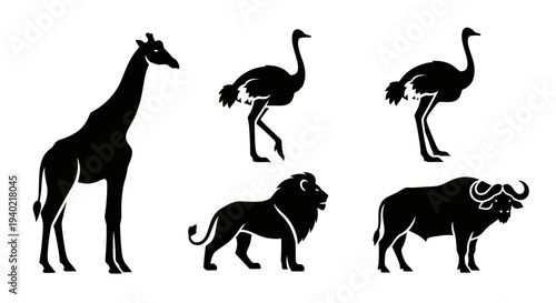African Safari Animals Silhouettes Collection: Giraffe, Ostrich, Lion, and Buffalo