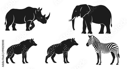 African Safari Animals Silhouettes Collection: Elephant, Rhino, Zebra, and Hyenas