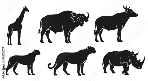 African Safari Animals Silhouettes Collection Isolated on White