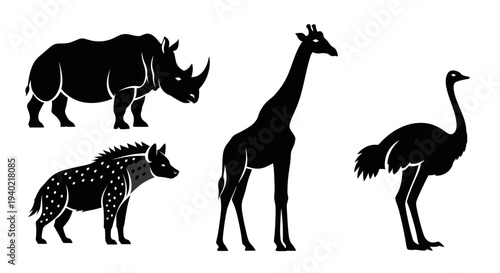 African Safari Animals Silhouettes Collection: Rhino, Hyena, Giraffe, Ostrich Wildlife Vector Set