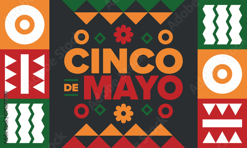 Cinco de Mayo in Mexico. Traditional mexican fiesta in May. National happy holiday with carnival, festival and parade. Latin american and spanish pattern. Illustration with sombrero. Vector poster
