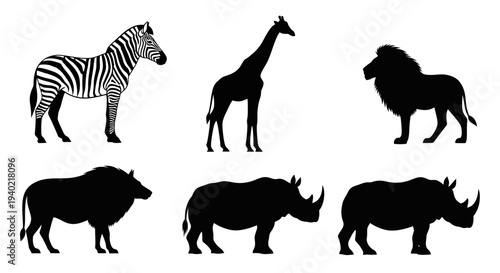 African Safari Animals Silhouettes Collection: Zebra, Giraffe, Lion, Wildebeest, Rhinoceros