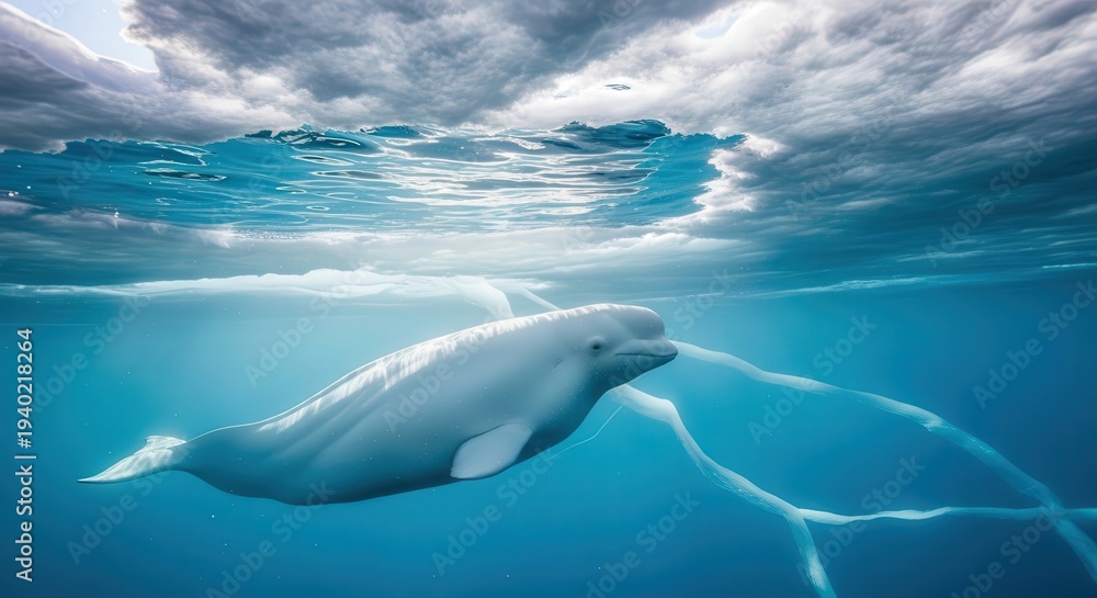 Fototapeta premium Majestic Whale Swimming Beneath the Ocean Surface in Deep Blue Waters