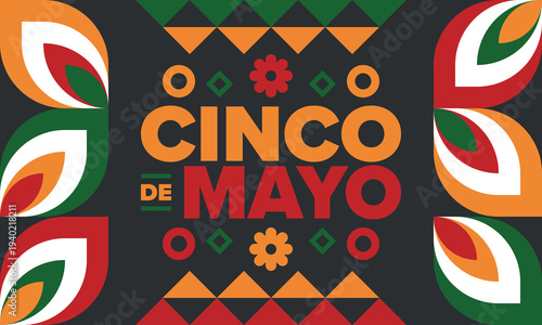 Cinco de Mayo in Mexico. Traditional mexican fiesta in May. National happy holiday with carnival, festival and parade. Latin american and spanish pattern. Illustration with sombrero. Vector poster