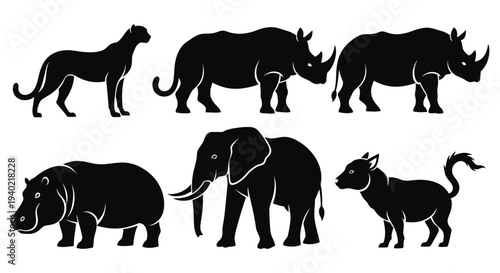 African Safari Animals Silhouettes Set: Wildlife Vector Icons