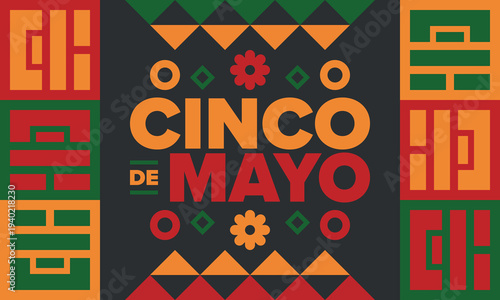 Cinco de Mayo in Mexico. Traditional mexican fiesta in May. National happy holiday with carnival, festival and parade. Latin american and spanish pattern. Illustration with sombrero. Vector poster