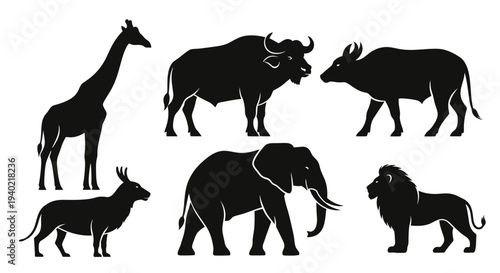 African Safari Animals Silhouettes Set: Wildlife Vector Icons