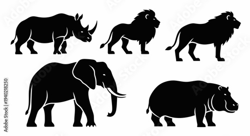 African Safari Animals Silhouettes Vector Collection: Rhino, Lions, Elephant, and Hippo