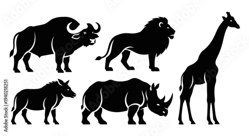African Safari Animals Silhouettes Vector Set - Wildlife Collection Icons