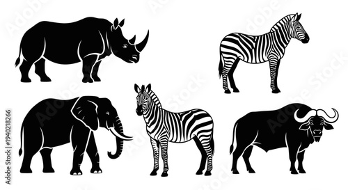 African Safari Animals Silhouettes Vector Set: Rhino, Elephant, Zebra, Buffalo